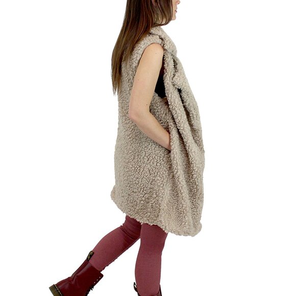 Soft Cozy Shaggy Faux Fur Long Vest Fuzzy Wrap Khaki - Picture 7 of 9